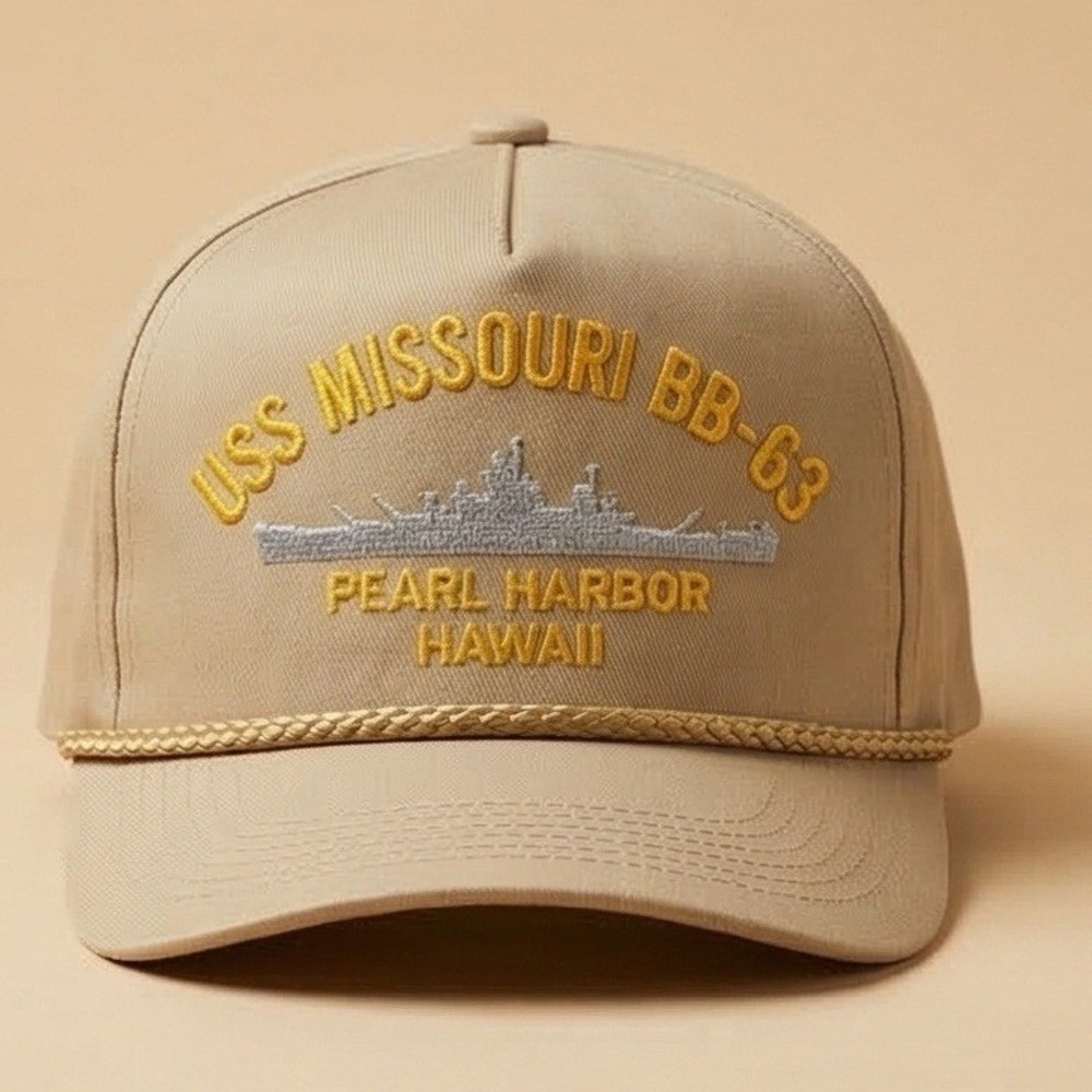 USS Missouri BB-63 Vintage Pearl Harbor Hawaii Hat Khaki Tan‎ Military Rope Cap